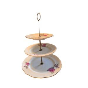 Vintage 3 Tiered Porcelain China Serving Plates Roses Marked Japan